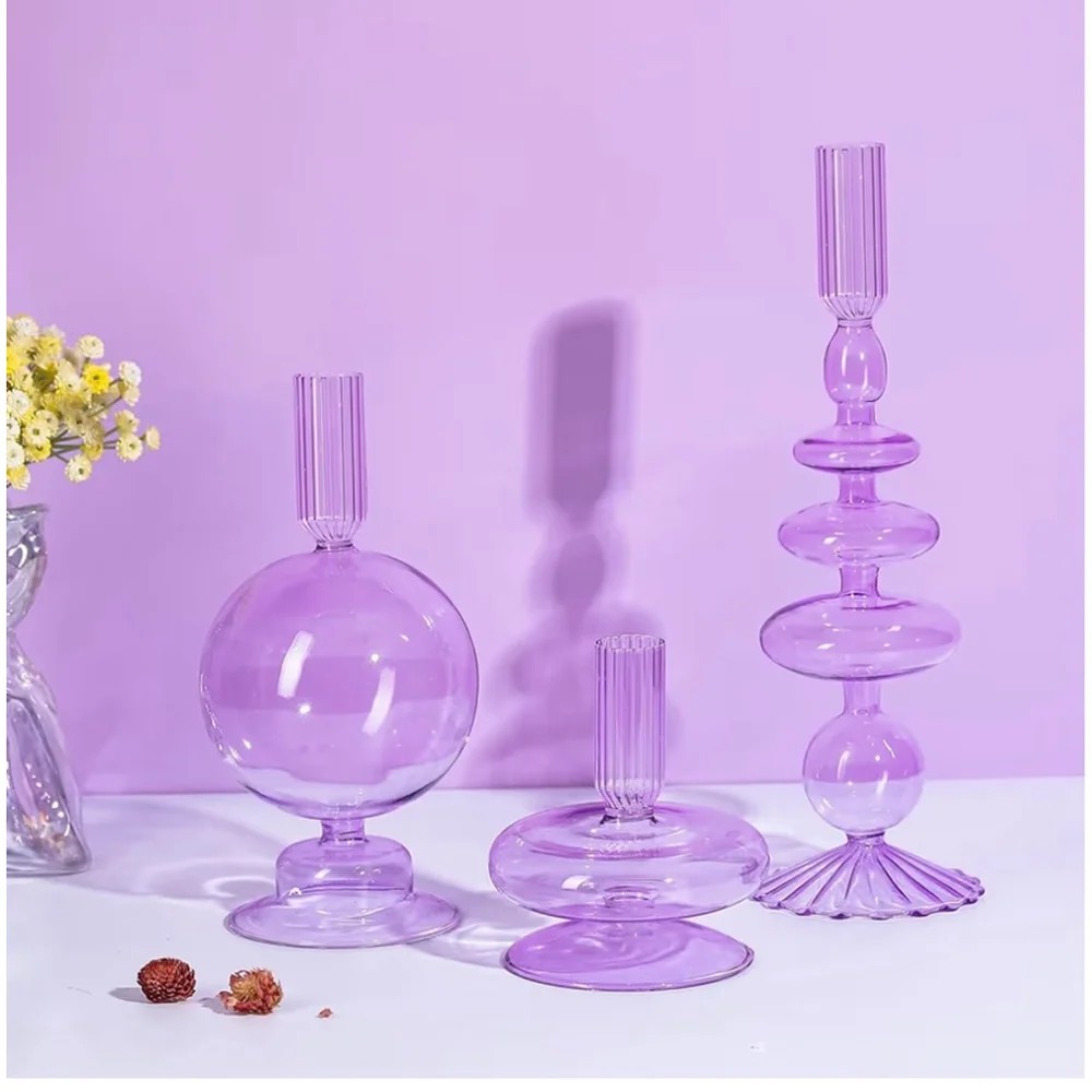 NEW Purple 3 Pcs Glass Candlestick Glass Taper Candle Holders